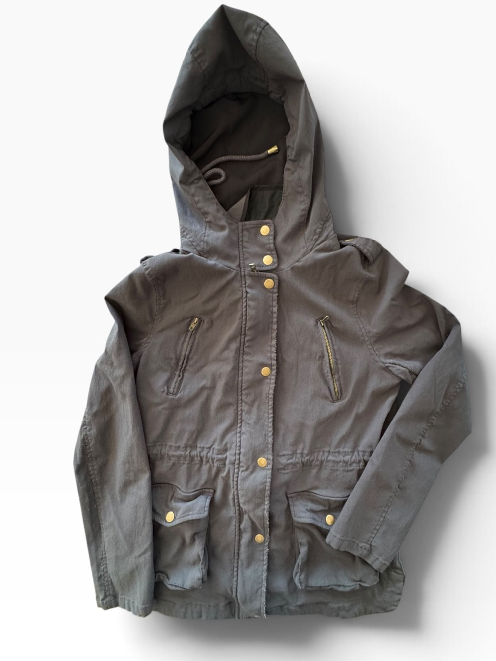 Eden Society Women’s Large Gray Hooded Utility Jacket Gold Hardware Full Zip